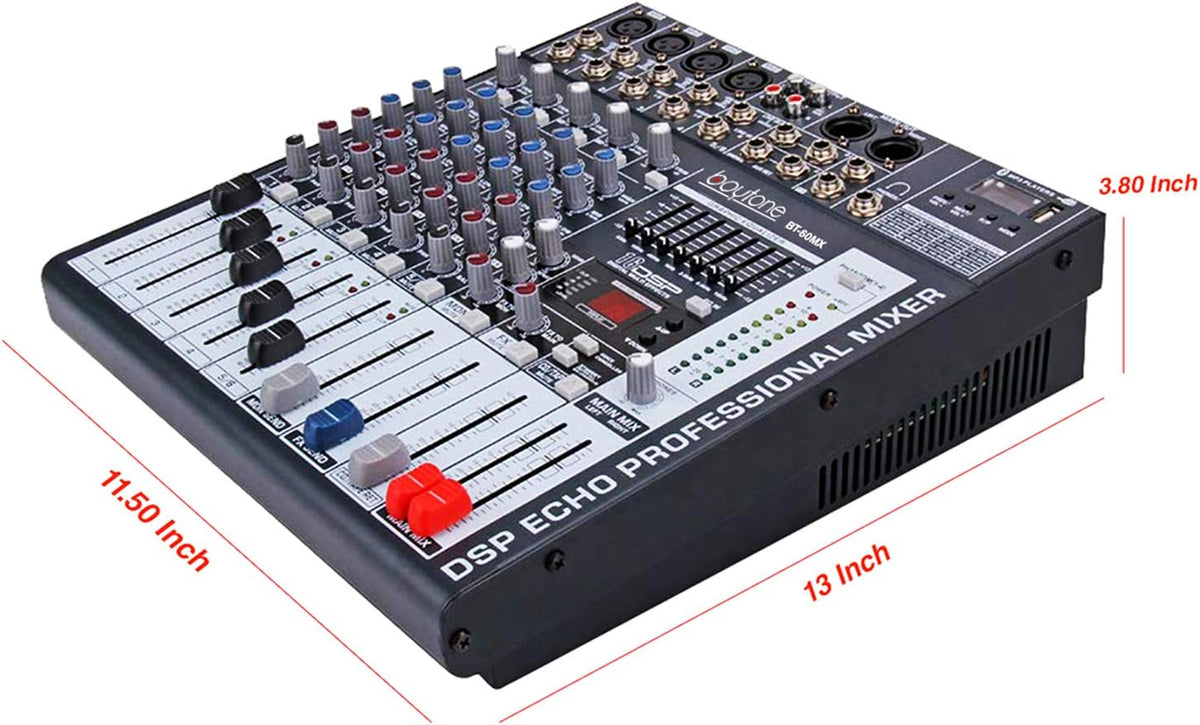 Boytone BT-60MX, 6 Channel Bluetooth Audio Mixer - DJ Sound Controller, USB MP3 Player, 4 XLR Microphone Jack, 7 Band EQ, 16 DSP Digital Multi Effects Processor, RCA IN-OUT Jack, 48V Phantom Power