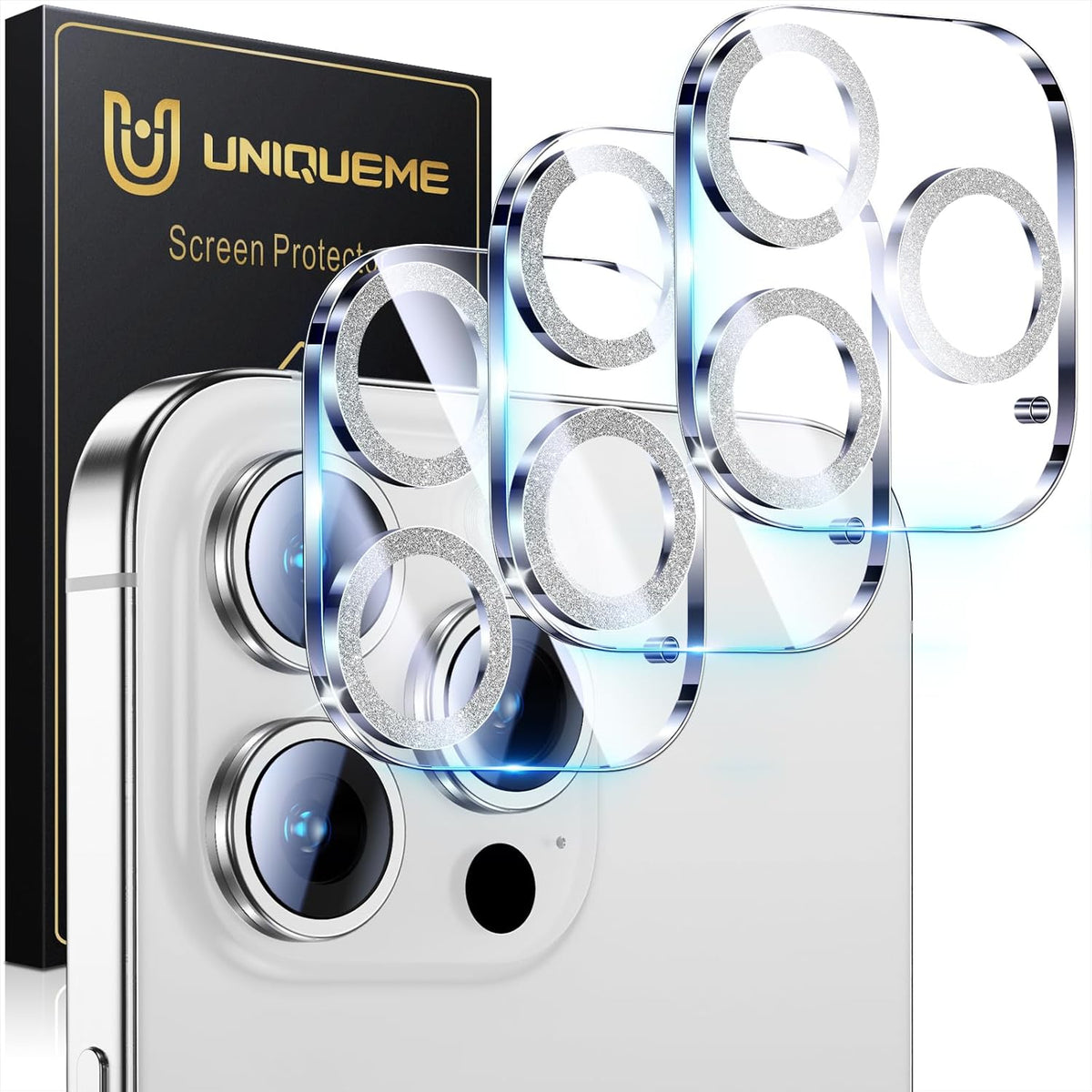 UniqueMe for 3 Pack iPhone 16 Pro/iPhone 16 Pro Max Camera Lens Protector - [Drop Protection] [Case Friendly] 9H Tempered Glass Camera Cover Screen [Update New Version] - Glitter Silver