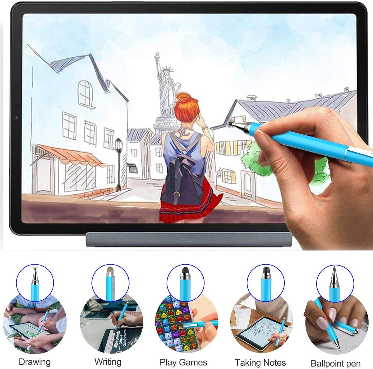 Penyeah Stylus, 4-in-1 Stylus Pen for Touch Screen, High Precision and Sensitivity Disc,Mesh,2 Sized Rubber Tips, Universal for iPhone/iPad/Android/Samsung/HP Tablets All Capacitive Touch Screens-Blue