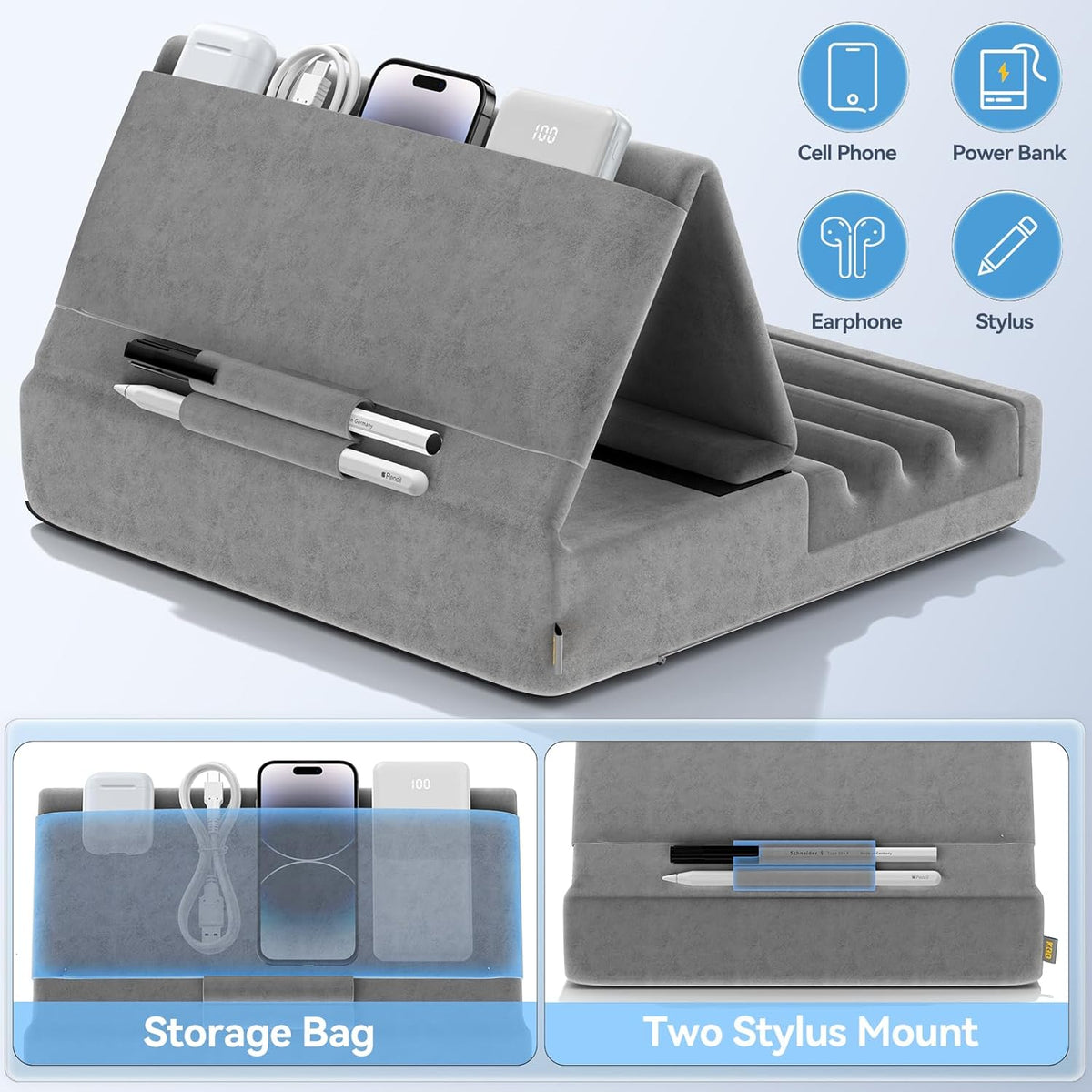 KDD Tablet Pillow Holder, Foldable iPad Stand for Lap, Bed and Desk -Tablet Soft Pad Dock with Pocket & Stylus Mount Compatible with iPad Pro 12.9, 10.5, 9.7 Air Mini 6 5 4 3, Galaxy Tab, E-Reader