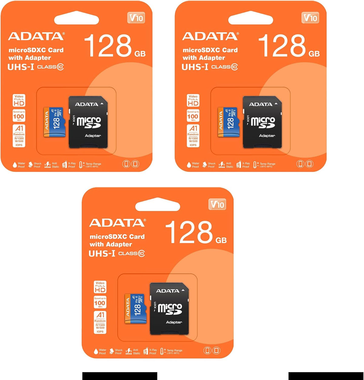 ADATA Premier 128GB 3-Pack MicroSDHC/SDXC UHS-I Class 10 V10 A1 Memory Card with Adapter Read up to 100 MB/s (128GB 3 Pack)