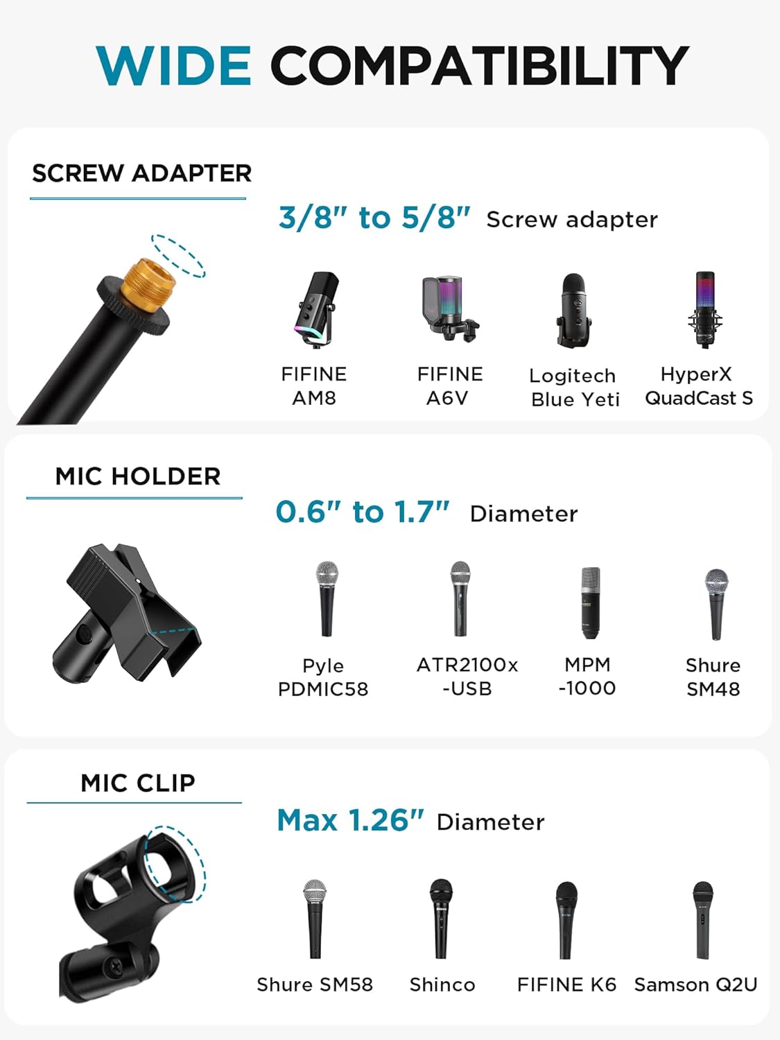 InnoGear Microphone Stand, 2 Pack Tripod Boom Arm Floor Mic Stand Height Adjustable with Carrying Bag 2 Mic Clips 3/8" to 5/8" Adapter for Singing Podcast for Blue Yeti Shure SM58 SM48 Samson Q2U