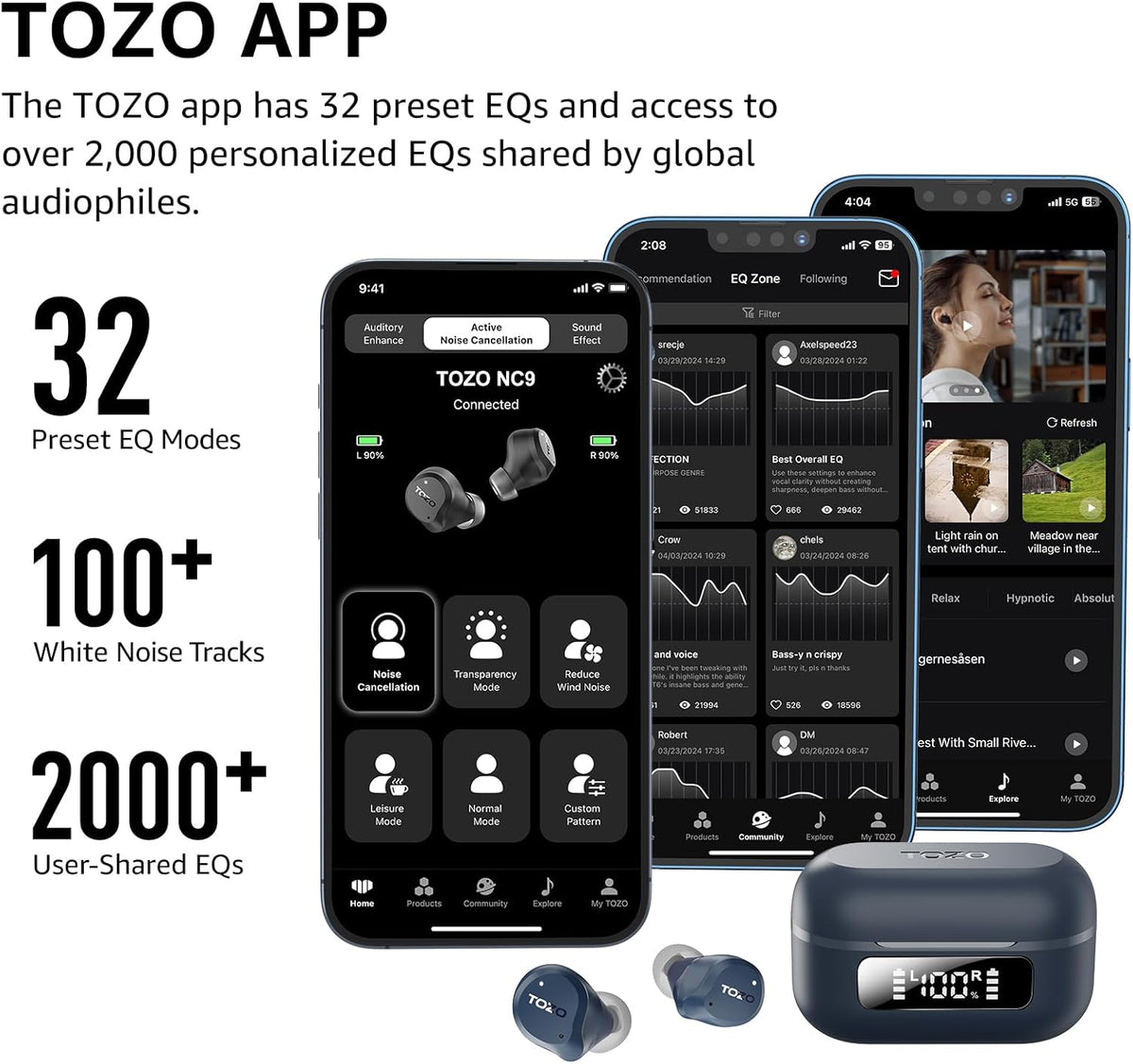 TOZO NC9 Hybrid Active Noise Cancelling Wireless Earbuds, 6 Mics ENC Clear Call, IPX8 Waterproof, in Ear Bluetooth 5.3 Headphones Stereo Bass Ear Buds 59H Playtime with LED Display 32 EQs via APP