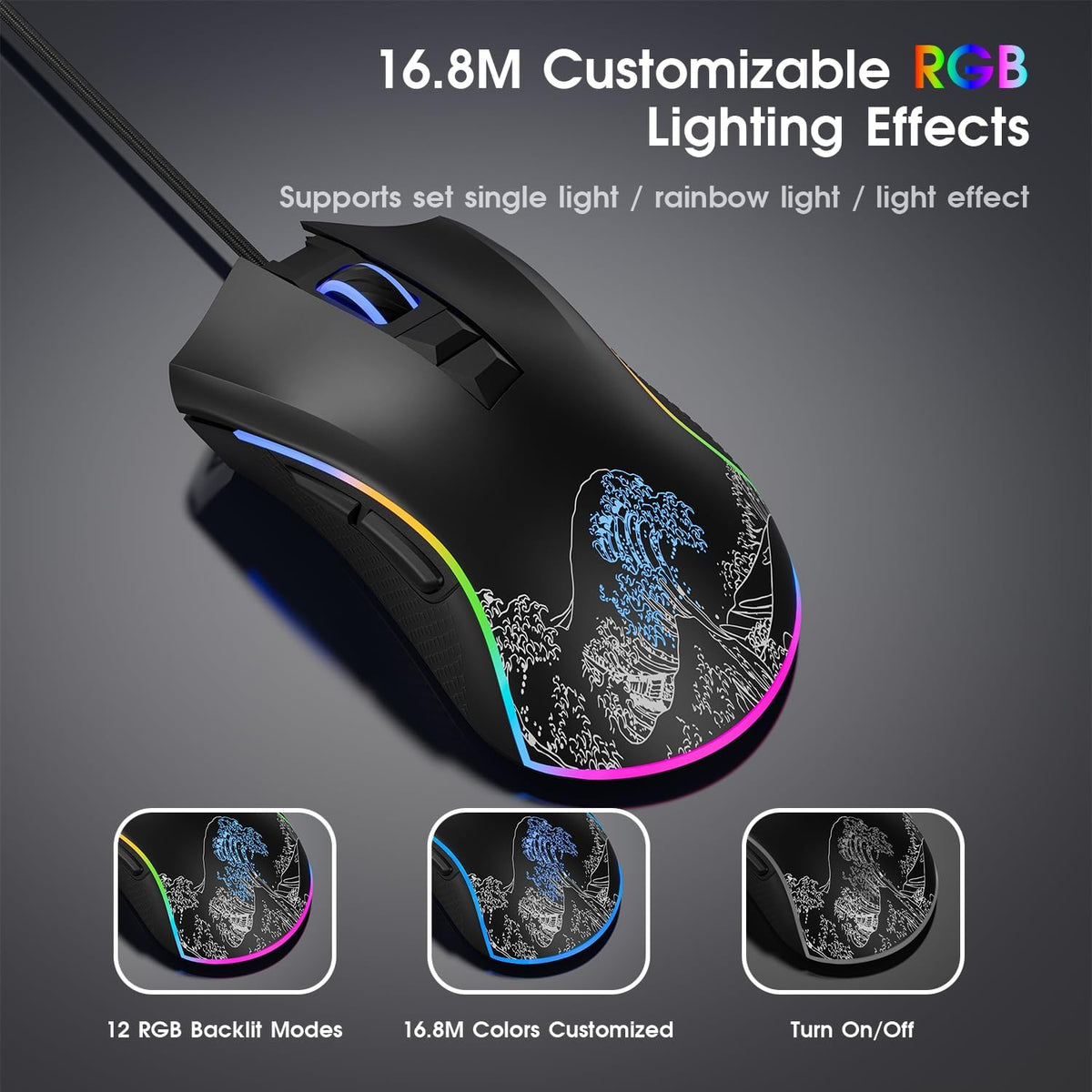HITIME XVX Wired Gaming Mouse, 12000 DPI RGB Mouse with 12 Backlit Modes & 7 Macro Buttons, Gaming Mice Support DIY Keybinding, Gamer Computer Mice for Laptop PC Mac Windows, Wave
