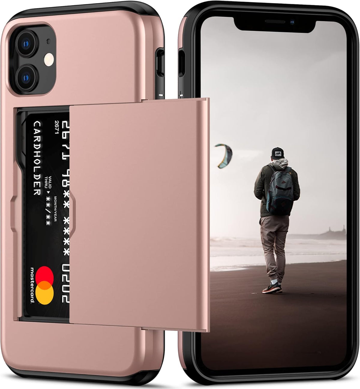 Nvollnoe for iPhone 11 Case with Card Holder Heavy Duty Protective Dual Layer Shockproof Hidden Card Slot Slim Wallet Case for iPhone 11 for Men&Women(Rose Gold)