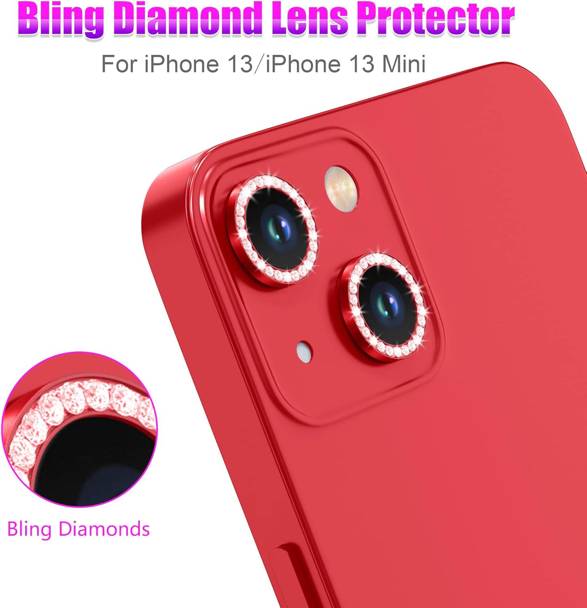 AGVEE 3+3 6 Pack for iPhone 13 6.1 inch / 13 Mini 5.4 inch Camera Lens Protector, Bling Diamond & Bling Glitter Metal Ring 9H Tempered HD Glass Camera Protector Cover Film, Bling-Red