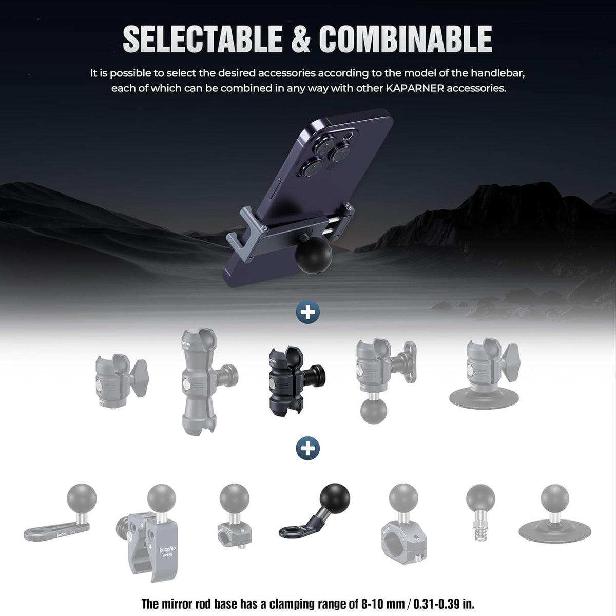 Motorcycle Phone Clip Kit, Anti-Theft Double Socket Arm/Angled Bolt-Head Adapter Ball Base for Mirrors Lever or Round Bar, Suitable for Width of 2.56-3.74" Phone (KPS-04)