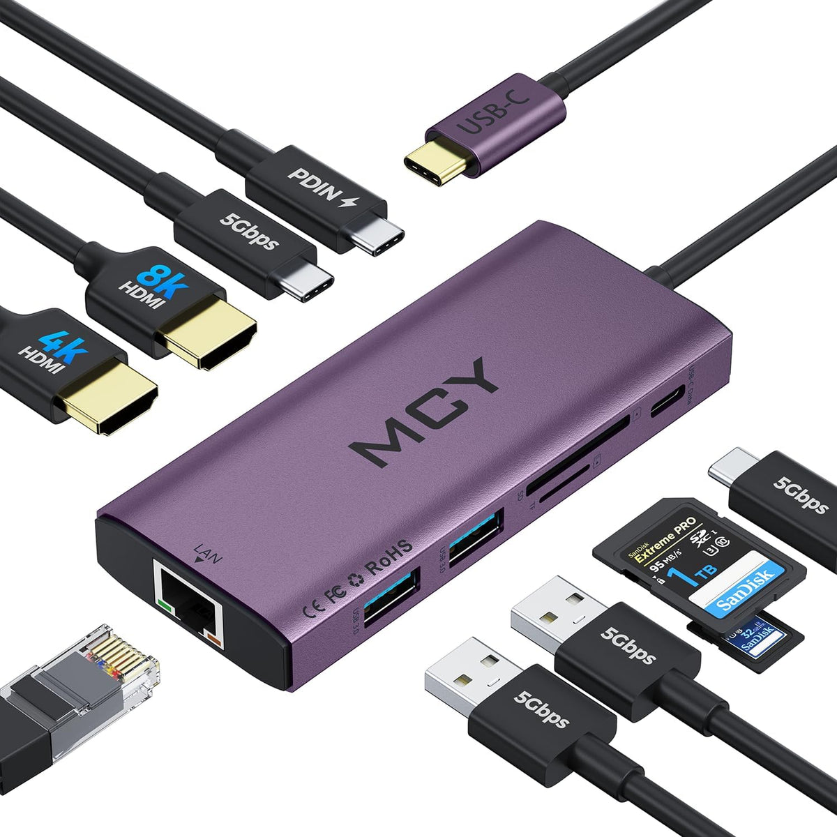 MCY USB C Hub,Laptop Docking Station Dual Monitor Single 8K,2x4K@60Hz,10 in 1 Type-C Multiport Adapter with 2 HDMI,PD100W,Extender Splitter,Card Reader,Ethernet Dock for Mac/Dell/HP/Surface/Steam Deck