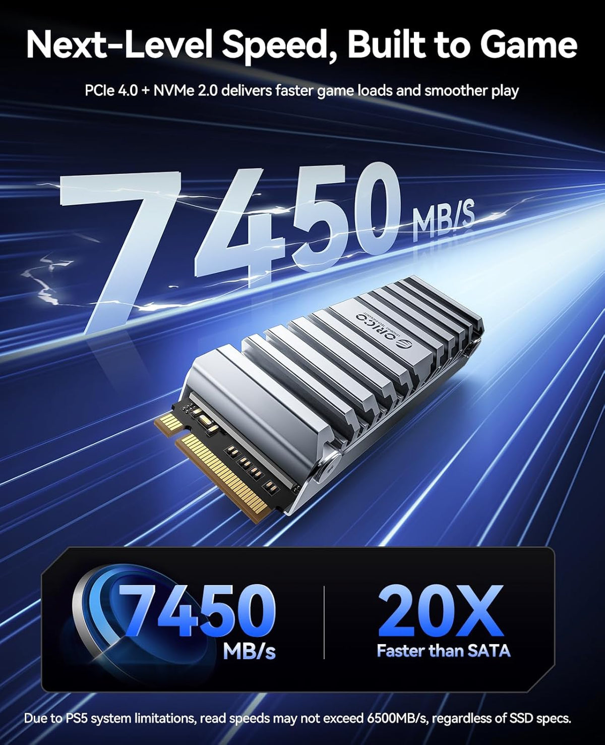 ORICO OS5 2TB M.2 SSD for PS5 Storage Expansion, M.2 PCIe 4.0 NVMe Gaming SSD with TLC NAND, 7450MB/s Read, Pre-Installed Heatsink Designed for PS5 Airflow, Ready for Direct Installation