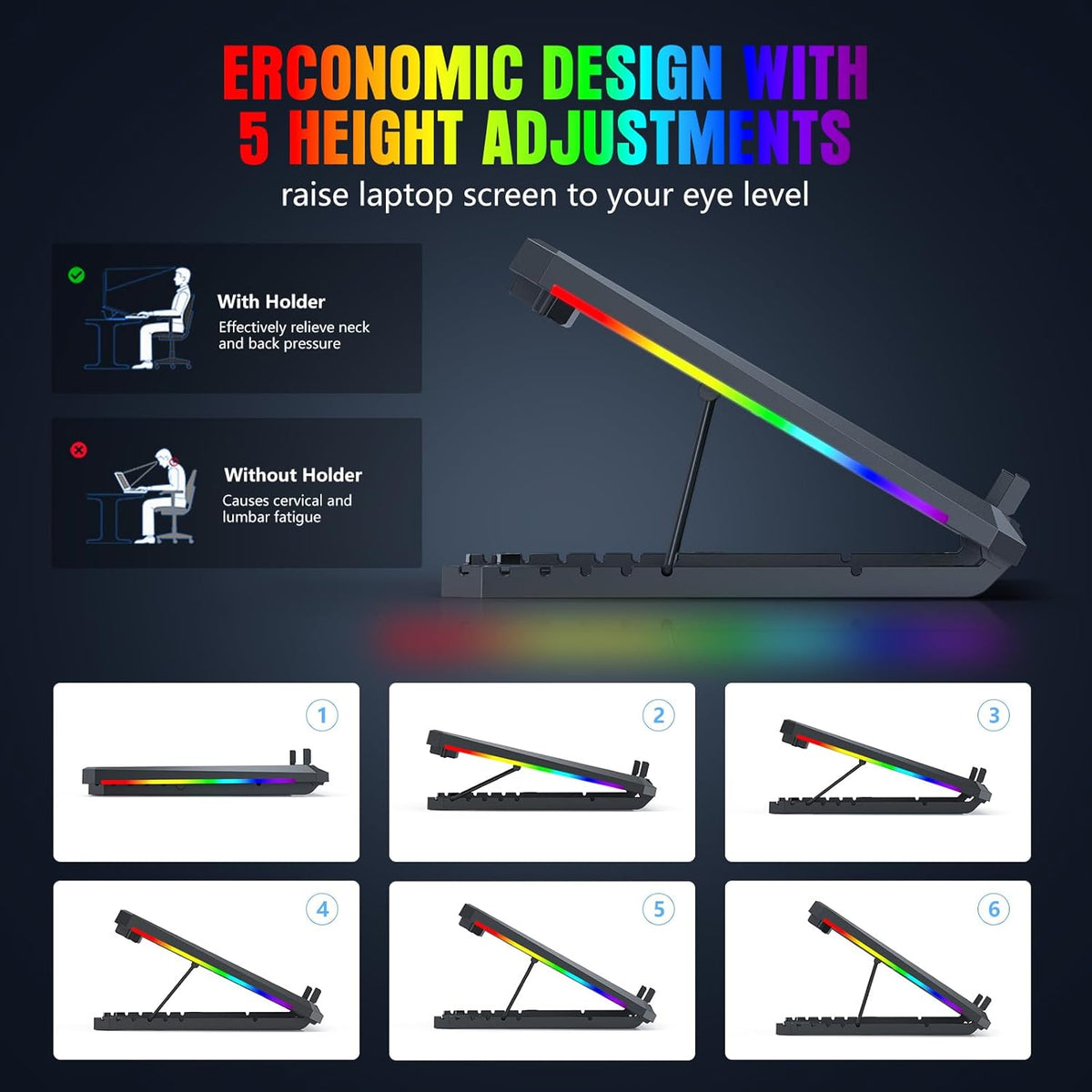Laptop Cooling Pad with 12 Quiet Fans, Slim Portable for 12-17.3 Inch Laptop Cooler Stand, RGB Lighting, with 5 Height Adjustable, Gaming Cooling Fan Pad, USB/Type-C & Phone Holder (LCD)