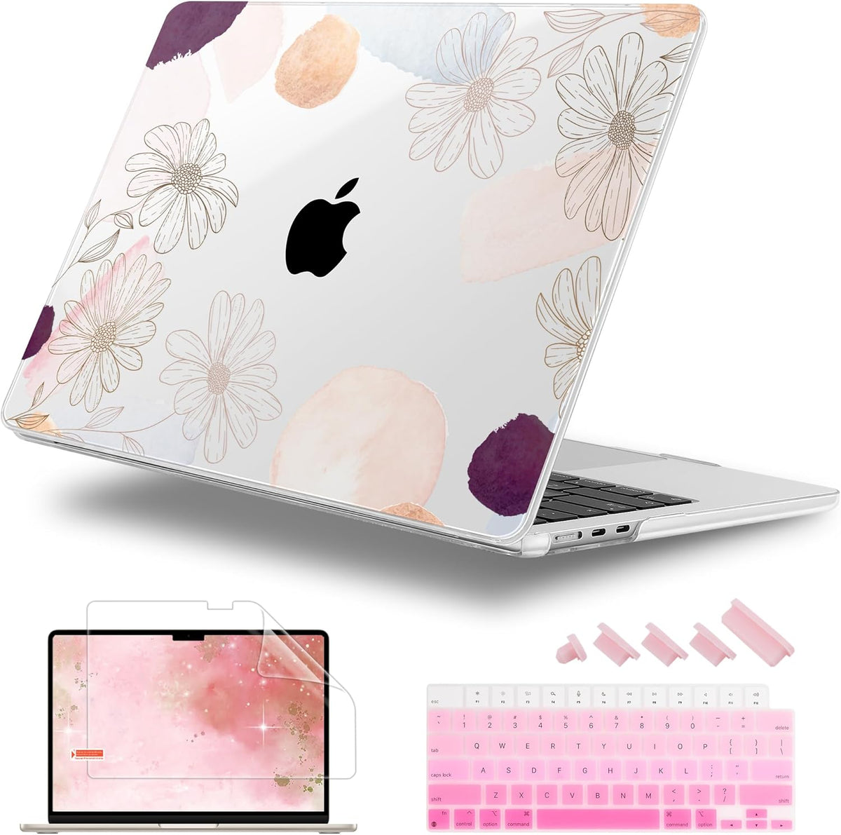 Case for MacBook Air 15 Inch 2025 2024 2023 Release M4 A3241 M3 A3114 M2 A2941, Hard Shell with Screen Protector & Keyboard Cover, Compatible with Touch ID - Floral