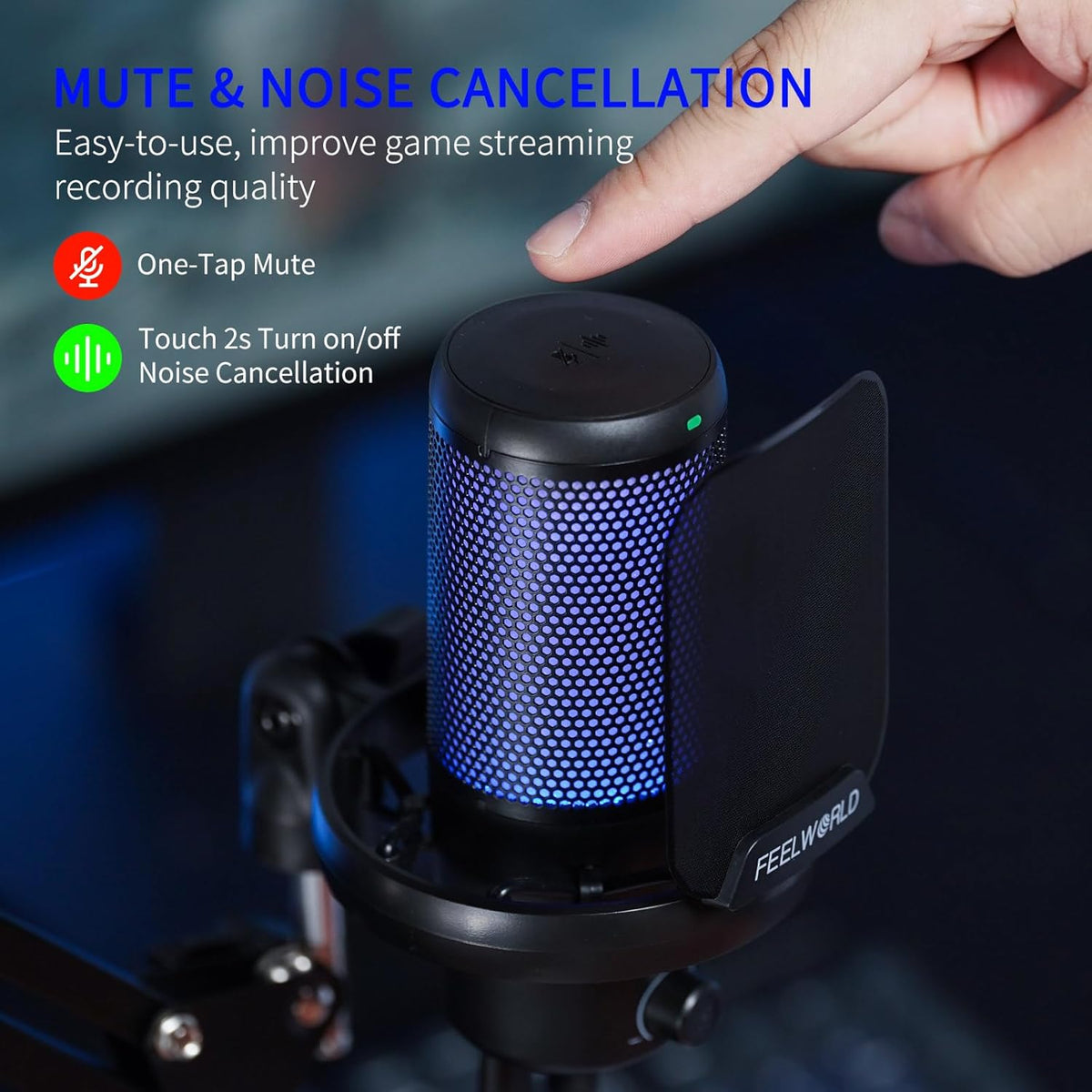 FEELWORLD VM1 Gaming PC USB Microphone Condenser Mic with Noise Cancellation Mute RGB Light, Computer Accessories Gifts for Gamer YouTube Twitch Podcast Streaming Recording Online Chat PS4 PS5