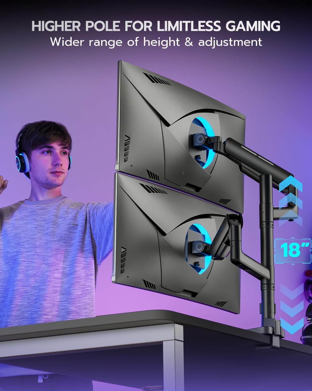 Vertical Dual Monitor Mount for 17-49 Inch Ultrawide Heavy Duty Curved Screen Stacking, Computer Monitor Arm Desk Mount, Gas Spring Adjustable Vesa Stand, Black