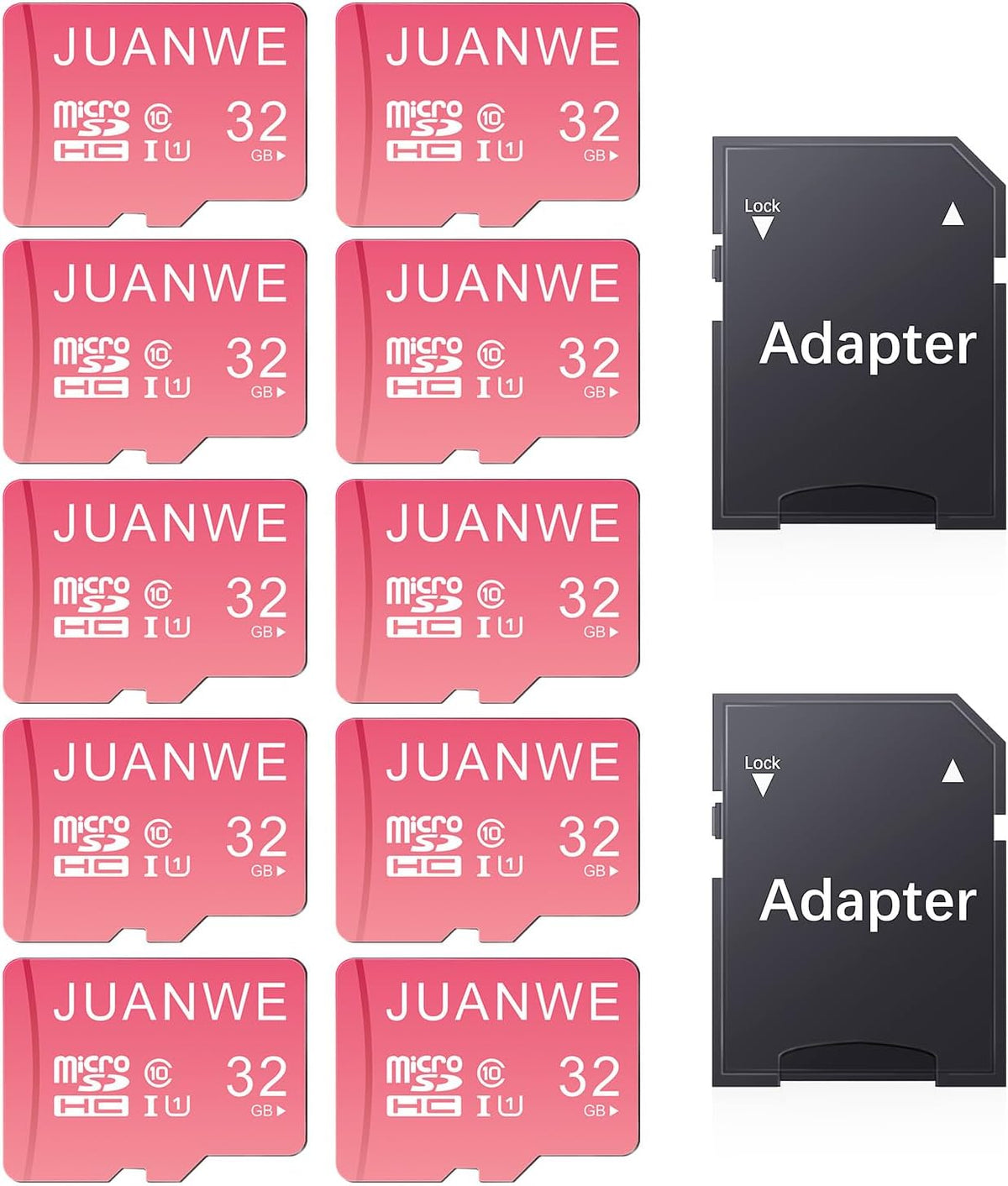 JUANWE 32GB Micro SD Cards 10 Pack Memory Card, SDHC High-Speed U1 A1 SD Card, 32GB TF Cards with 2 Adapter for Phone, Dash Cam, Security Camera (10 Pack, Pink)