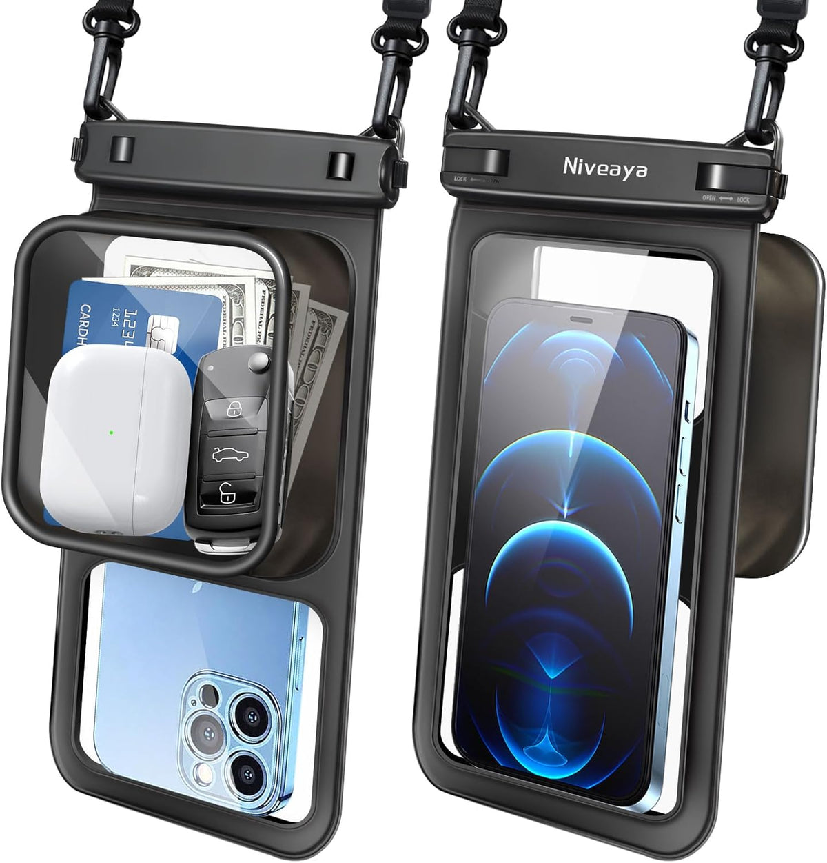 Niveaya [Floatable Floating Waterproof Phone Pouch 2 Pack-Up to 8.5", Large Space Adjustable Neck Lanyard Waterproof Phone Case, Phone Dry Bags for Vacation Beach Pool Kayak Cruise Travel Essentials