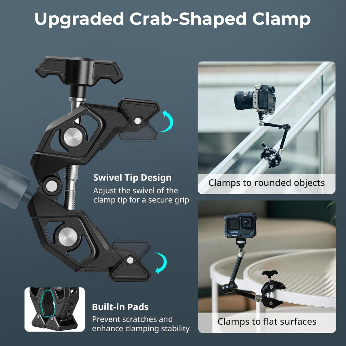 SMALLRIG Magic Arm Crab Claw Clamp, with Anti-Deflection Retractable Pin, 1.5kg Load Capacity for GoPro/for Insta360 / for DJI Action/for DSLR/for Light/for Monitor/for Phone- 5312