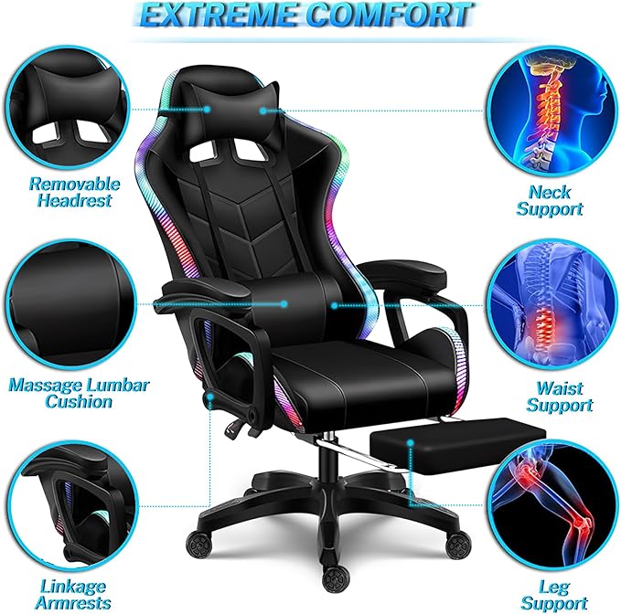 Gaming Chair with Speakers and RGB Lights Video Game Chairs Ergonomic Pro Office Chair with Full Massage Lumbar Support 90°-135° Backrest Adjustable Computer Chairs with FootrestPink