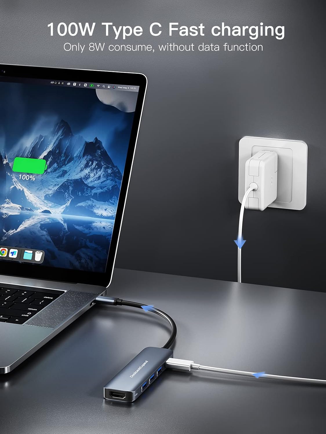 USB C HUB, DockteckExpand USB-C Multiport Adapter 5 in 1 with 4K HDMI, 100W Power Delivery, 3 USB 3.0 Data Ports for MacBook Pro/Air, iPad Pro/Air/Mini 6 and More