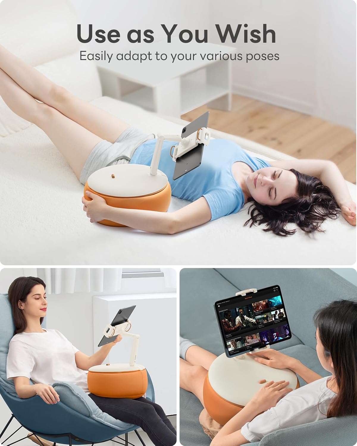 SAIJI Tablet Holder Pillow, Kindle Holder Compatible with 4.7-15.6” Kindle, Phone, Portable Monitor, 360° Adjustable Tablet Stand for Bed with Flexible Dual Axis Arm&Microbead Cushion (Orange)