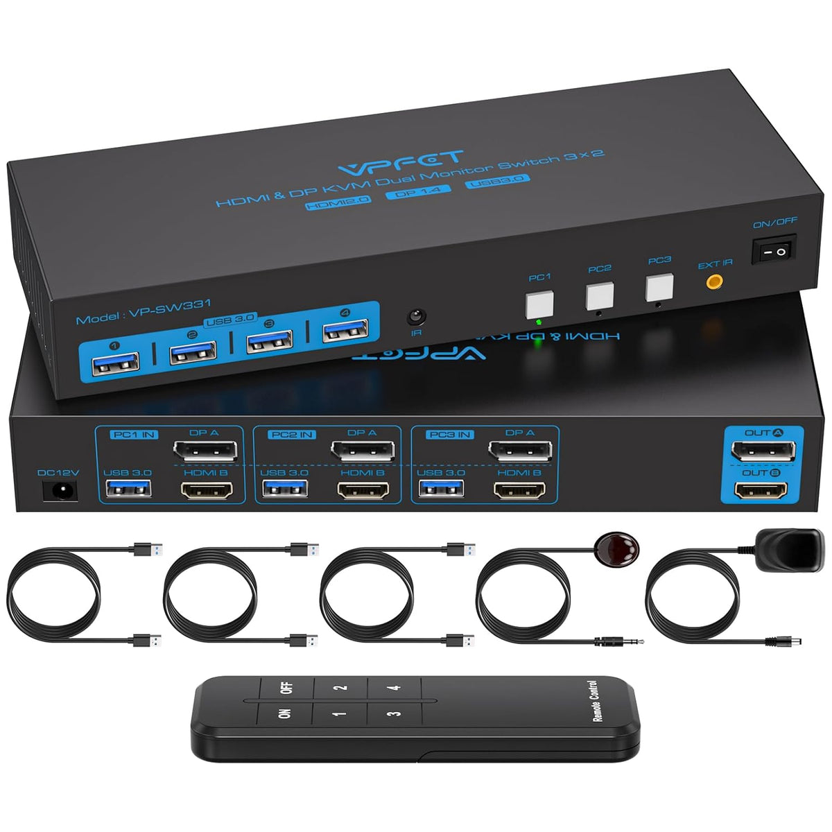 HDMI2.0+ Displayport1.4 KVM Switch 2 Monitors 3 Computers USB 3.0 KVM 8K & 4K Swicthes for 3 Computer Share Dual Monitor and 1 Set of Keyboard Mouse Printer and U Disk. Two USB Cables Included.