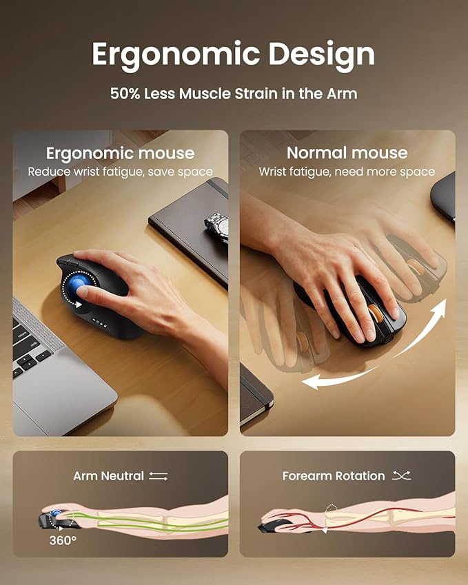 ProtoArc Wireless Bluetooth Trackball Mouse EM02 Two Adjustable Angle Ergonomic Rechargeable Computer Ball Mouse 3 Device Connection Thumb Control and Smooth Tracking for Laptop PC Mac-Blue