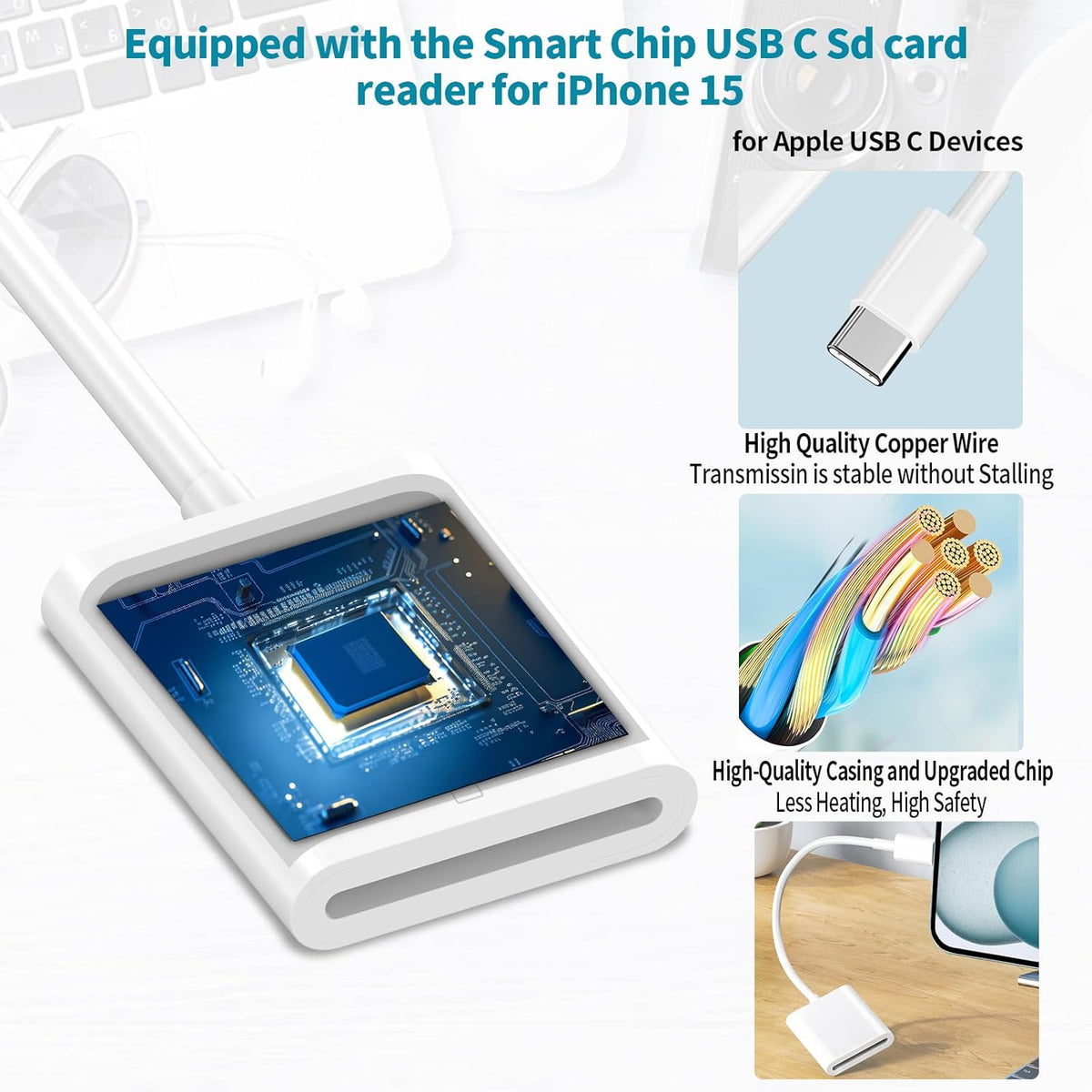 USB C SD Memory Card Reader [Apple MFi Certified] Type C to SD Card Adapter for iPhone 15 USB C Camera Adapter Trail Camera Viewer for iPhone 16 15 iPad MacBook Air/Pro Galaxy, Plug and Play