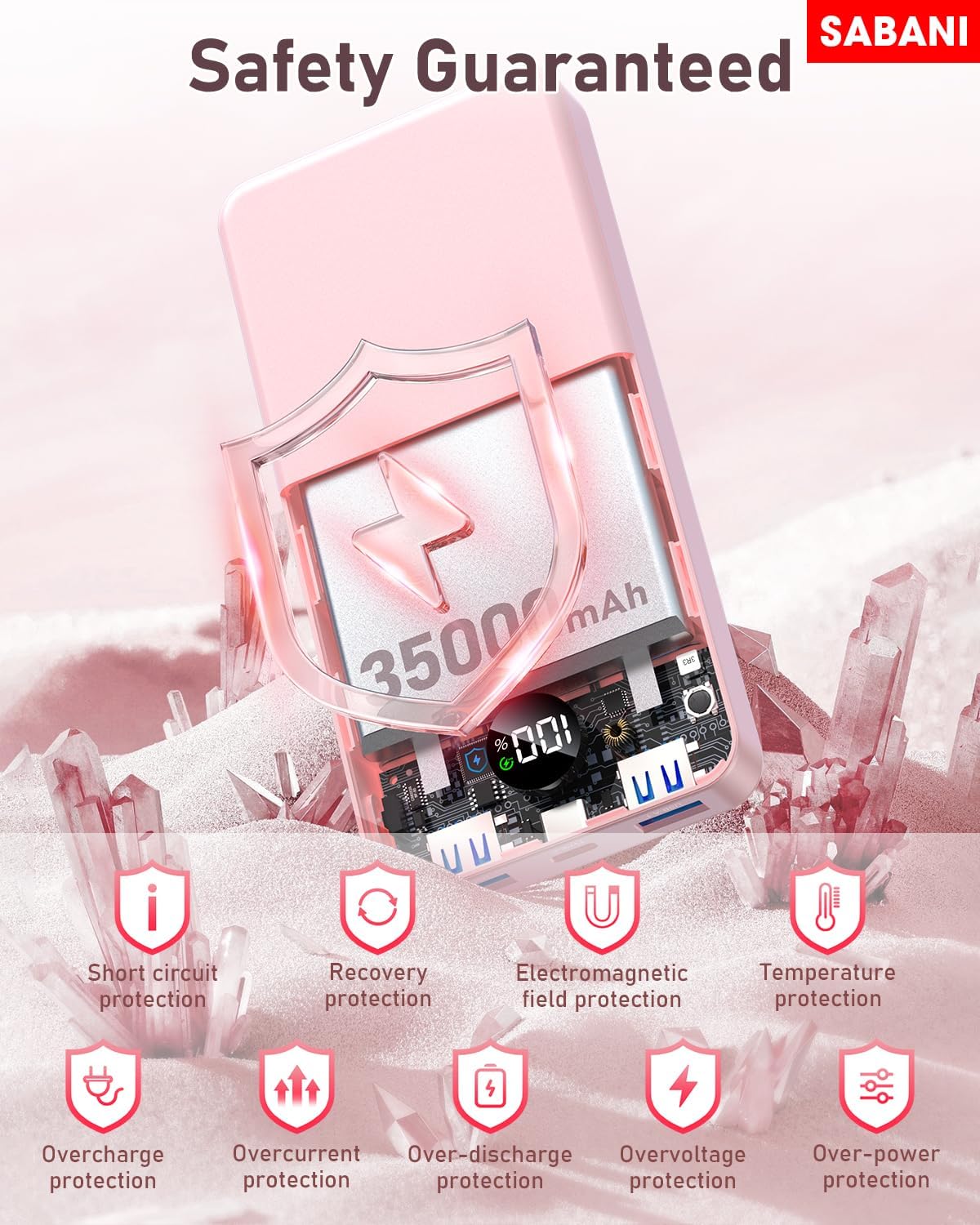 SABANI Portable Charger 35000mAh Power Bank - Portable Battery with 4 Built in Cables, 22.5W Fast Charging Battery Pack Compatible with iPhone 16 15 14 13 Samsung Android Phone etc (1 Pack, Pink)