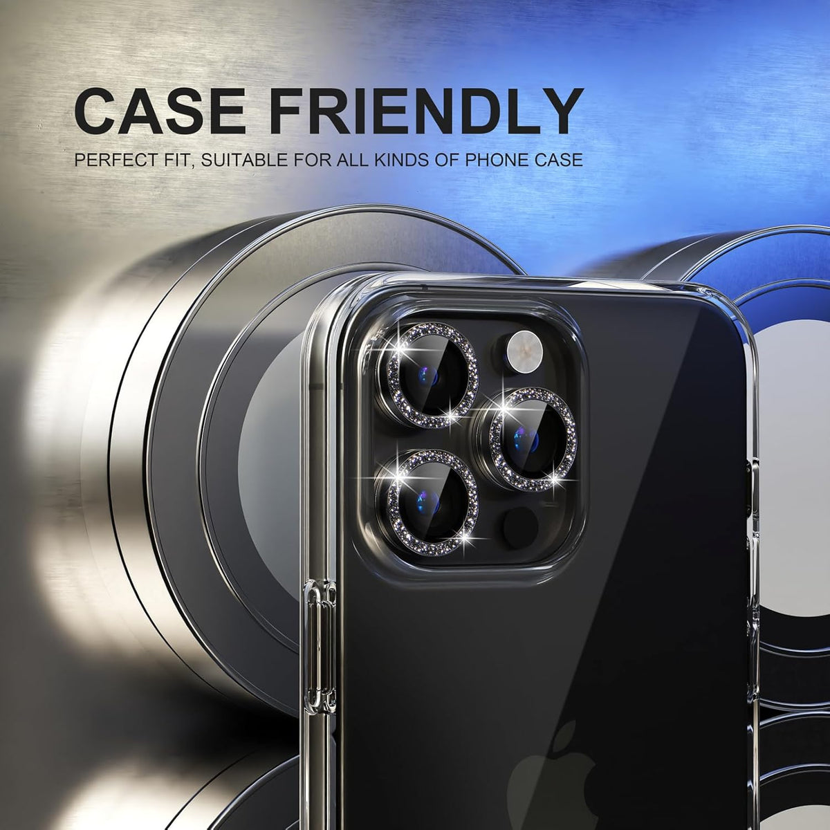 Choiche Compatible for iPhone 15 Pro/iPhone 15 Pro Max Camera Lens Protector Bling, 9H Tempered Glass Camera Cover Screen Protector Metal Ring Decoration Accessories (Glitter-Black)