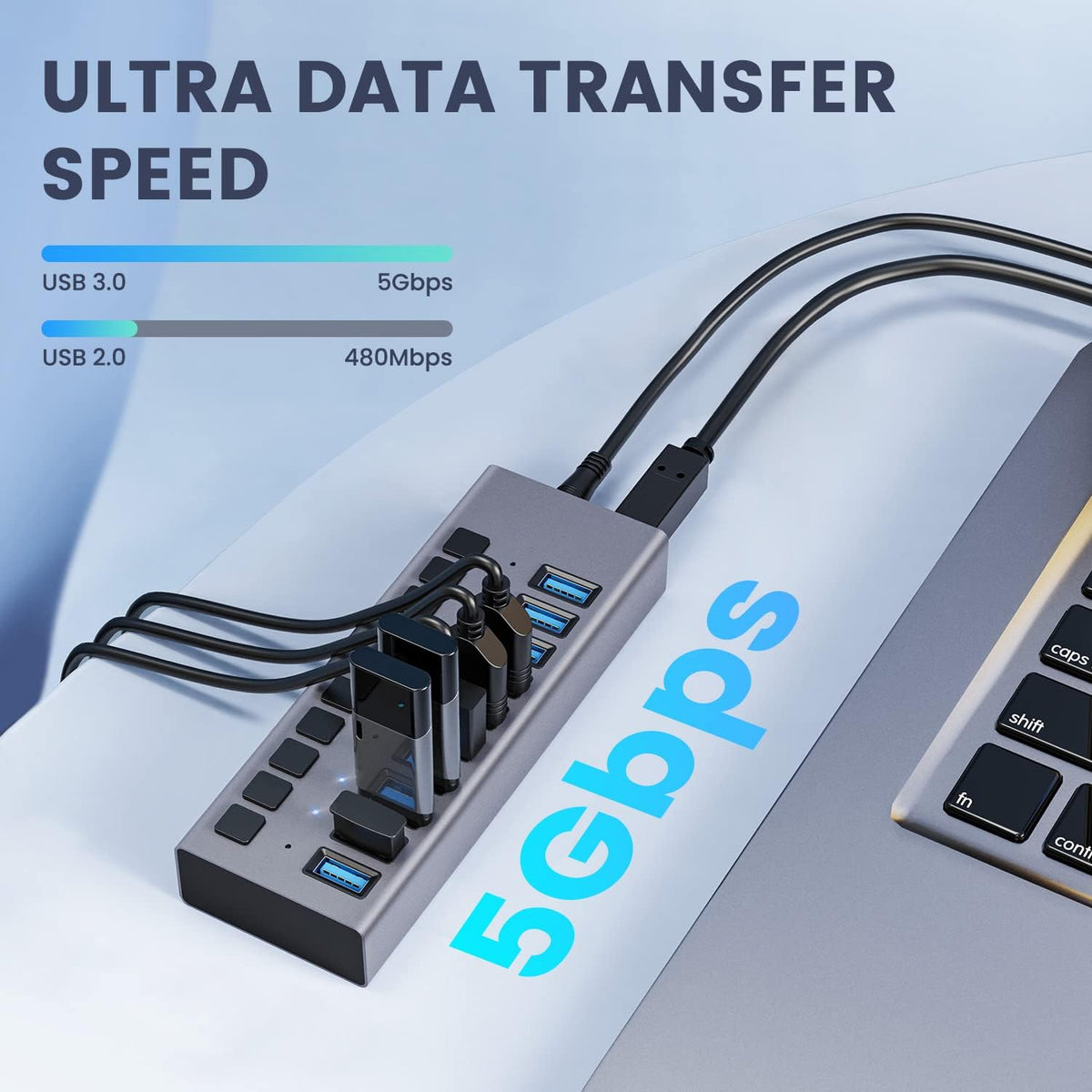 48W Powered USB Hub - ACASIS 10 Ports USB 3.0 Data Hub, Individual On/Off Switches, 12V/4A Power Adapter, Aluminum Housing, USB Splitter for PC, Computer, Mobile HDD, Flash Drive