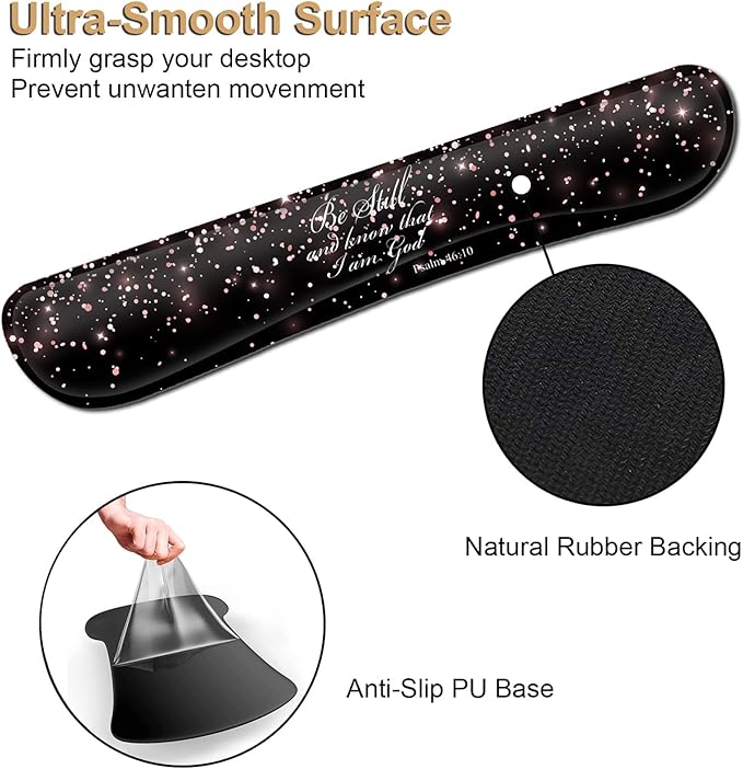 Keyboard Wrist Rest and Mouse Pad with Wrist Support Ergonomic Gel Mouse Pad and Coaster for Easy Typing Pain Relief Memory Foam Keyboard Wrist RestPsalm 46-10 Rose Gold Glitter Black Mousepads