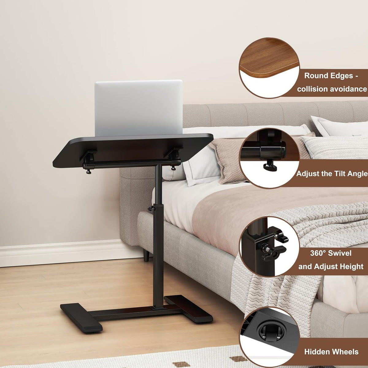 Adjustable Height C Shaped Side Table,360°Swivel Overbed Table,Top Tilting Laptop Stand Table with Hidden Wheels,Mobile Couch End Tables that Slide under,Rolling TV Coffee Table for Sofa/Bed(black)