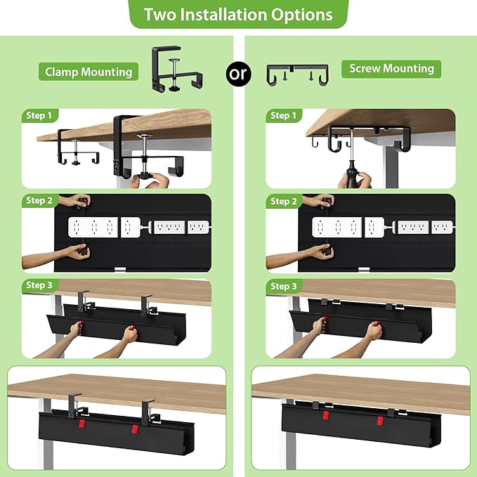 KEEGH No Drill Under Desk Cable Management Tray - 28" Cord Management Under Desk - Clamp/Screw Mount - Support Upto 70lbs - Fabric Wire Management - Gaming/PC Cable Tray Cord Hiders for Office/Home