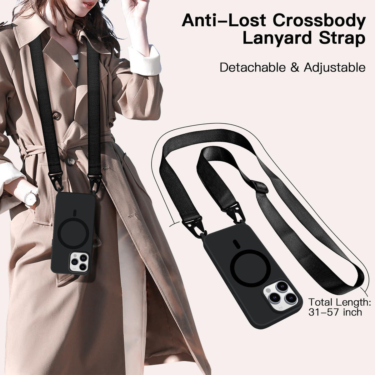 for iPhone 15 Pro Max Case with Lanyard [Compatible with MagSafe], Crossbody Phone Case with Neck Strap Adjustable, Magnetic Phone Cover for iPhone 15 Pro Max 6.7'' Black