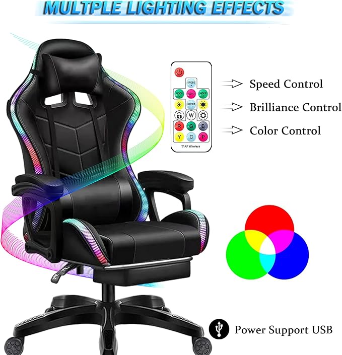 Gaming Chair with Speakers and RGB Lights Video Game Chairs Ergonomic Pro Office Chair with Full Massage Lumbar Support 90°-135° Backrest Adjustable Computer Chairs with FootrestPink