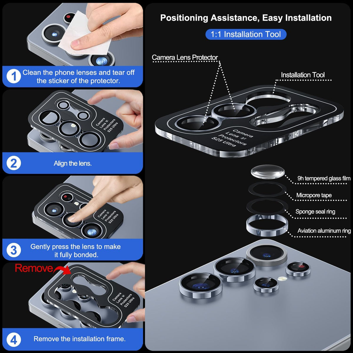 WSKEN for Samsung Galaxy S25 Ultra Camera Lens Protector - Ultra Thin Case Friendly, 9H Shatterproof Tempered Glass with Aluminum Metal Circle Camera Screen Protector Cover Accessories, Blue
