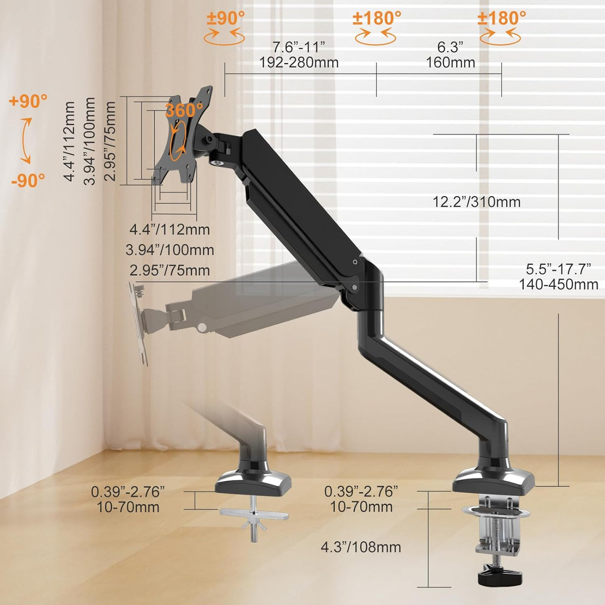 PHOLITEN Single Monitor Mount Fits 13-32 inch,4.4-19.8lbs, Fully Adjustable Gas Spring Monitor Arm with VESA 75 * 75mm/100 * 100mm Mount