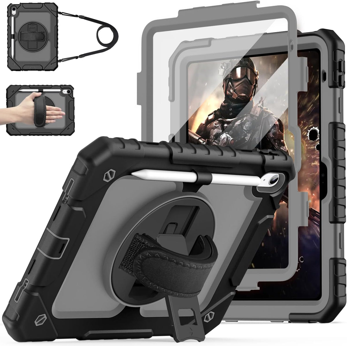 Cantis Case for iPad 11-inch (A16) 2025/ iPad 10th Generation 2022 (10.9 inch) with Screen Protector, iPad 11th Case with 360 Degree Rotating Stand/Shoulder Strap/Pencil Holder, Black+Grey
