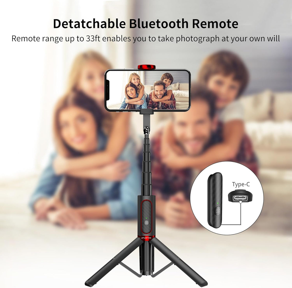 ATUMTEK Selfie Stick Tripod, Extendable 3 in 1 Aluminum Bluetooth Selfie Stick with Wireless Remote and Tripod Stand for iPhone 16/15/14/13/12/11/11 Pro/XS Max/XS/XR/X/8/7, Samsung Smartphones, Red