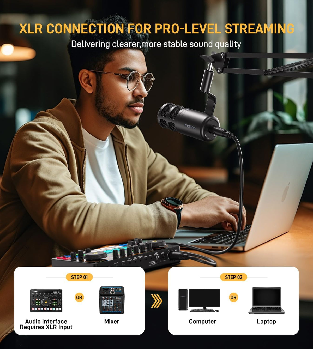 MAONO XLR Podcast Dynamic Microphone, Cardioid Studio Mic with Boom Arm for Vocal Recording,Streaming,Gaming, Voice Isolation Technology, Metal Mic, Works for Audio Interface, Mixer-PD100S