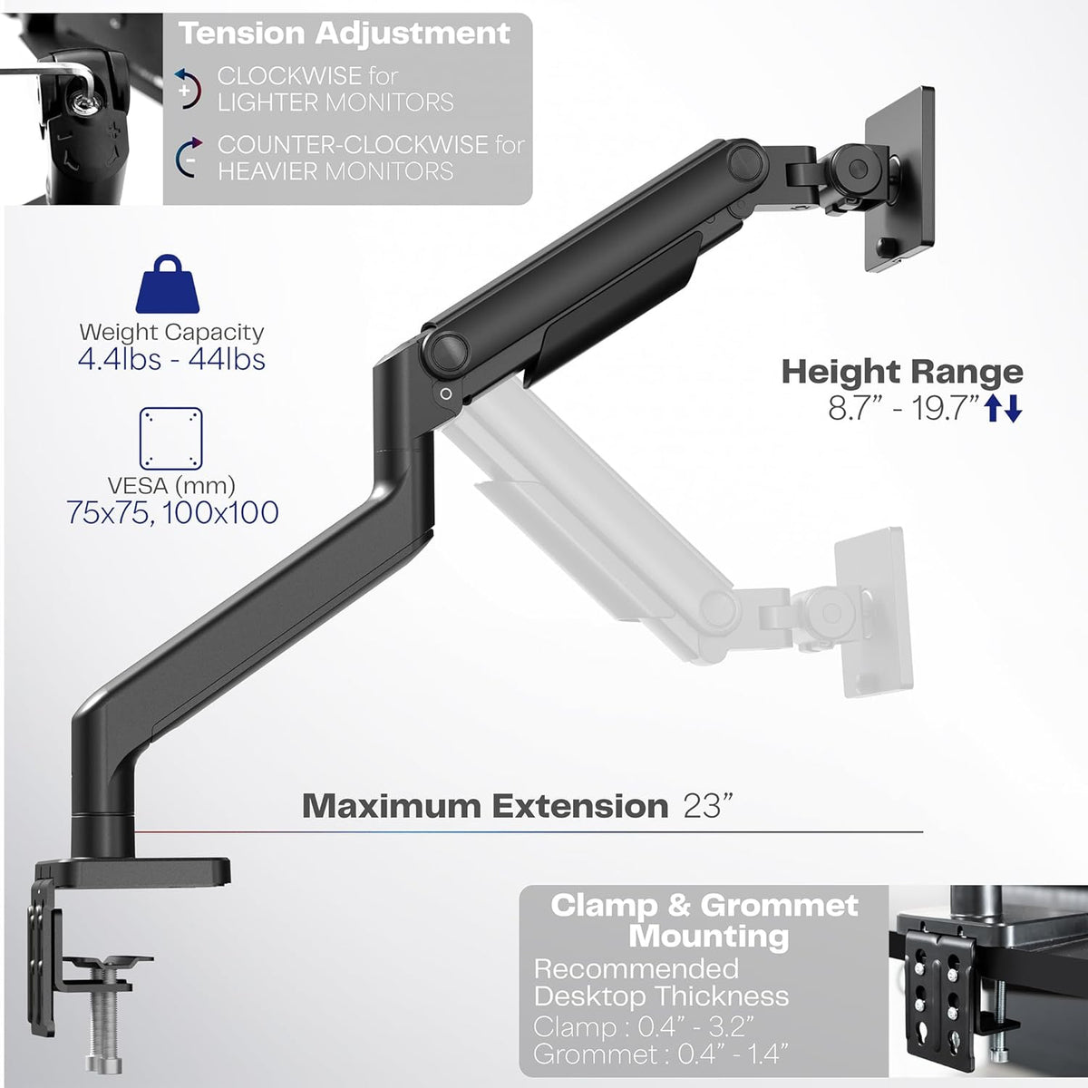 VIVO Heavy Duty Aluminum Ultrawide Monitor Tension Arm for up to 49 inch Screens, Holds 44 lbs, Premium Desk Mount Stand Designed for Samsung Odyssey G9 and More, Black, STAND-V101V