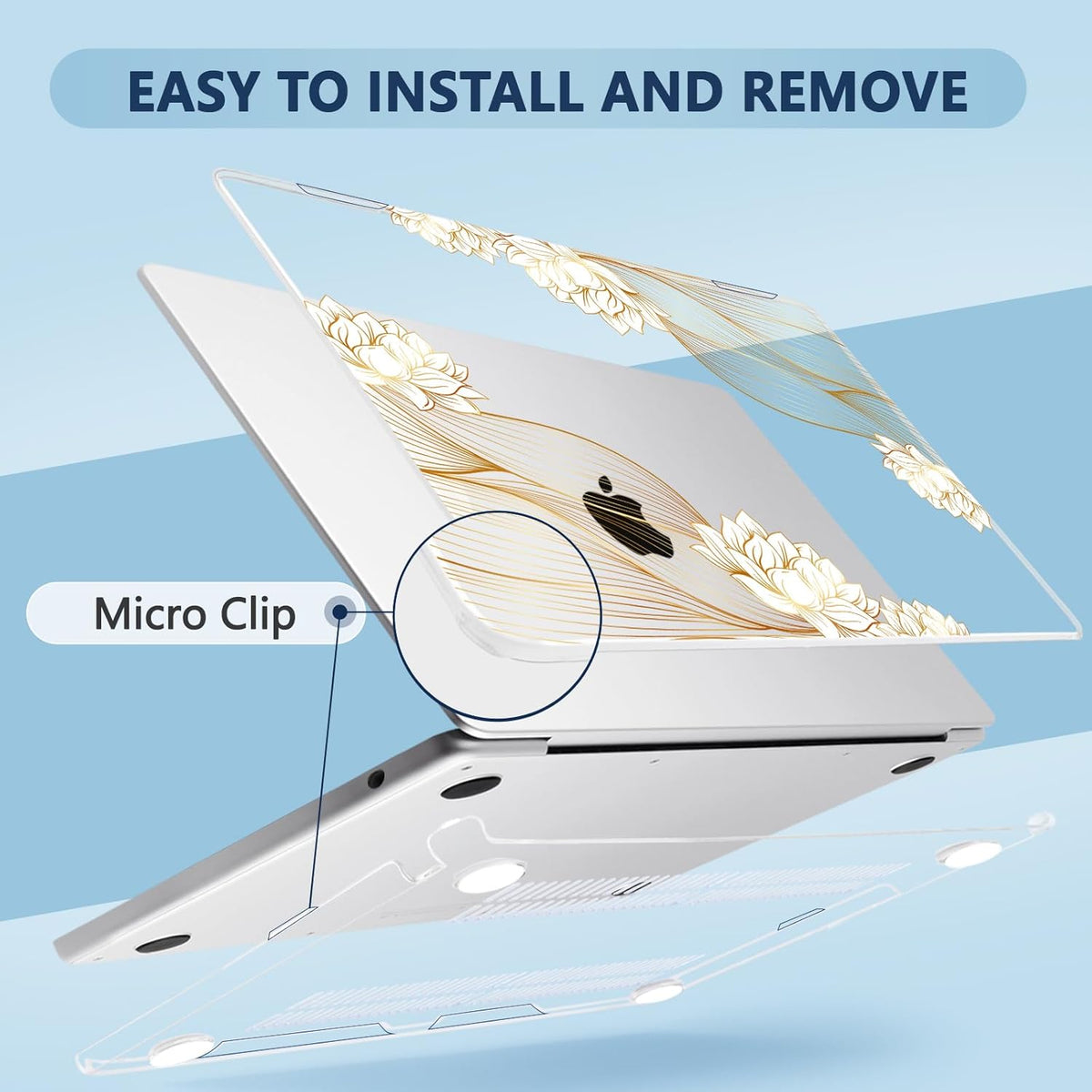 Compatible with MacBook Air 15 inch Case, M4 A3241/M3 A3114/M2 A2941 (Released 2025 to 2023), Hard Shell, Keyboard Cover, Screen Protector, Webcam Cover & Type-C Adapter, Gold Lace Flower