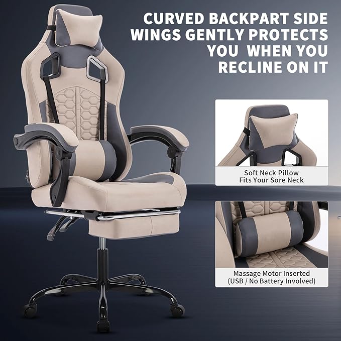 Grey Ergonomic Gaming Chairs for Adults Swivel Height Adjustable Comfortable Office Desk Chair with Footrest and Lumbar Support PU Upholstered Computer Chair with Headrest (Grey)