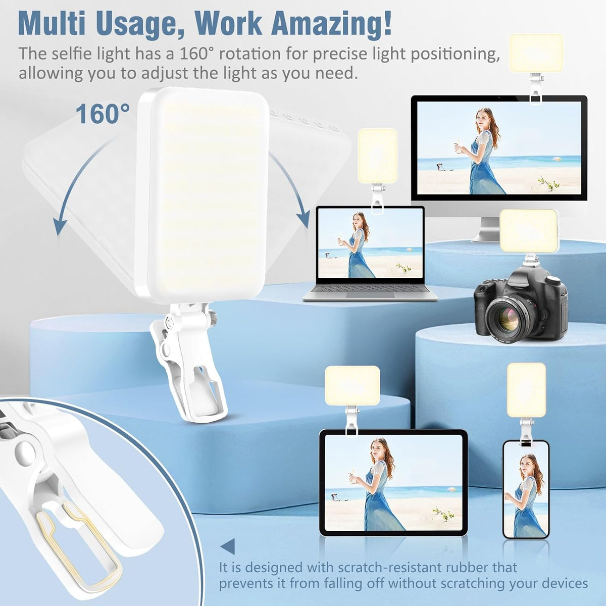 60 LED Portable Selfie Light Video Conference Lighting with Clip & Camera Tripod Adapter Rechargeable 2200mAh CRI 97+, 9 Light Modes for Phone iPhone Webcam Laptop Photo Makeup