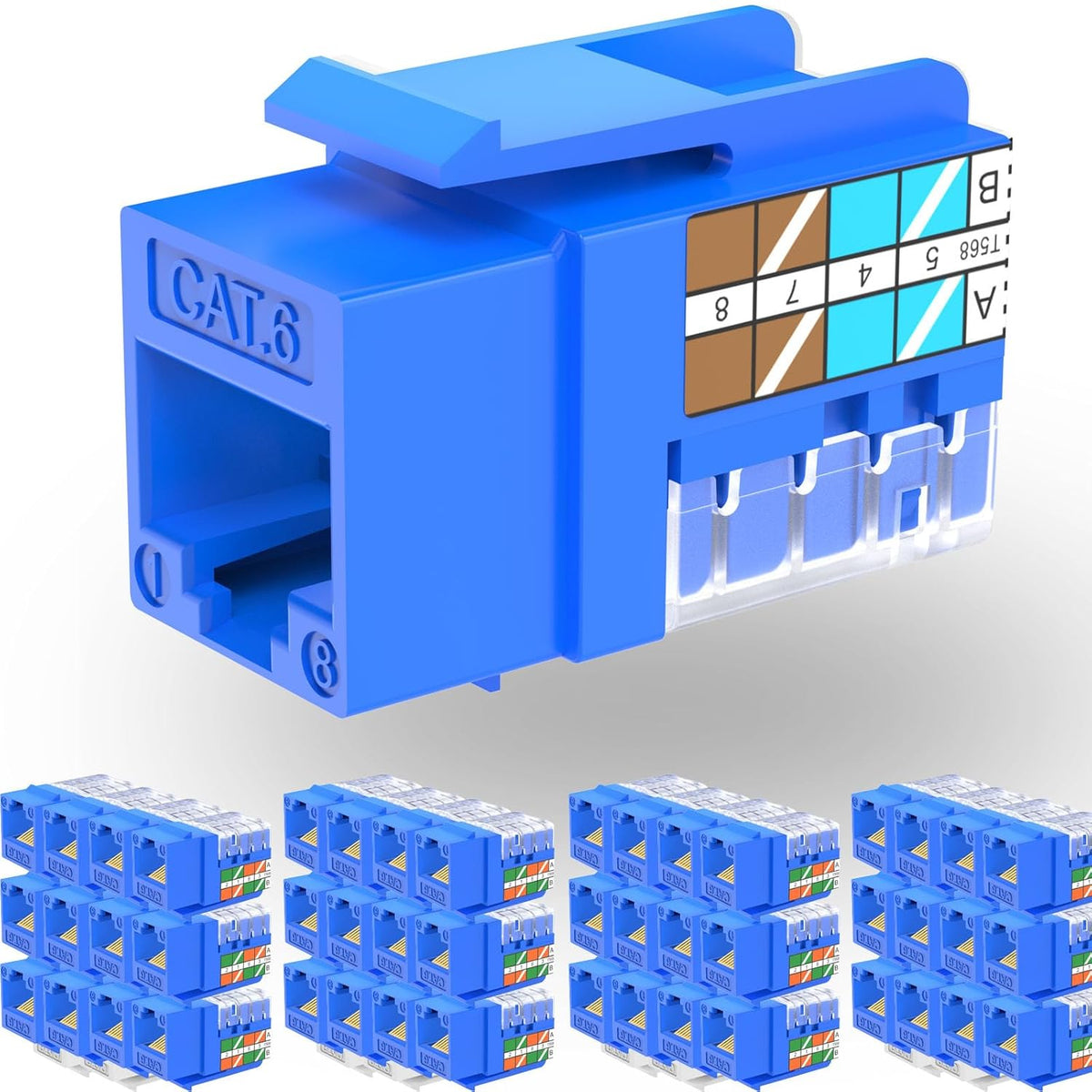 Rapink RJ45 Keystone Jack Cat6 10G Support, Cat6 Keystone Jacks UTP 50 Pack for Wall Plate and Patch Panel, Rj45 Keystone 90 Degree Blue Color for Cat 6, Cat5e, Cat5 Cabling