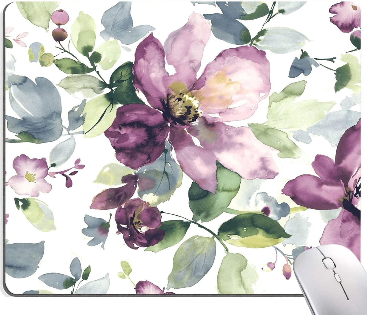 Hokafenle Floral Mouse Pad - Purple Watercolor Flower, Square Waterproof Non-Slip Rubber Base for Office Computer Laptop - Ideal for Girls and Women