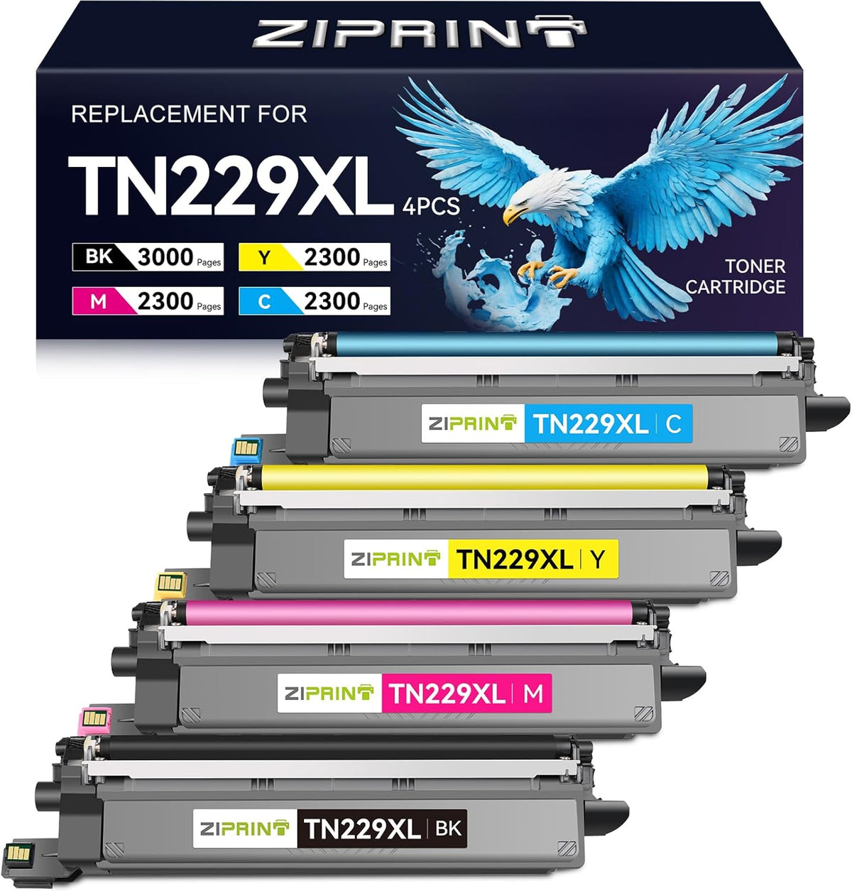 ZIPRINT TN229XL TN229 Toner 4 Pack Compatible Replacement for Brother TN229 TN 229 Toner Cartridges for Brother MFC-L3780CDW HL-L3280CDW MFC-L3720CDW HL-L3220CDW HL-L3300CDW HL-L3295CDW Printer