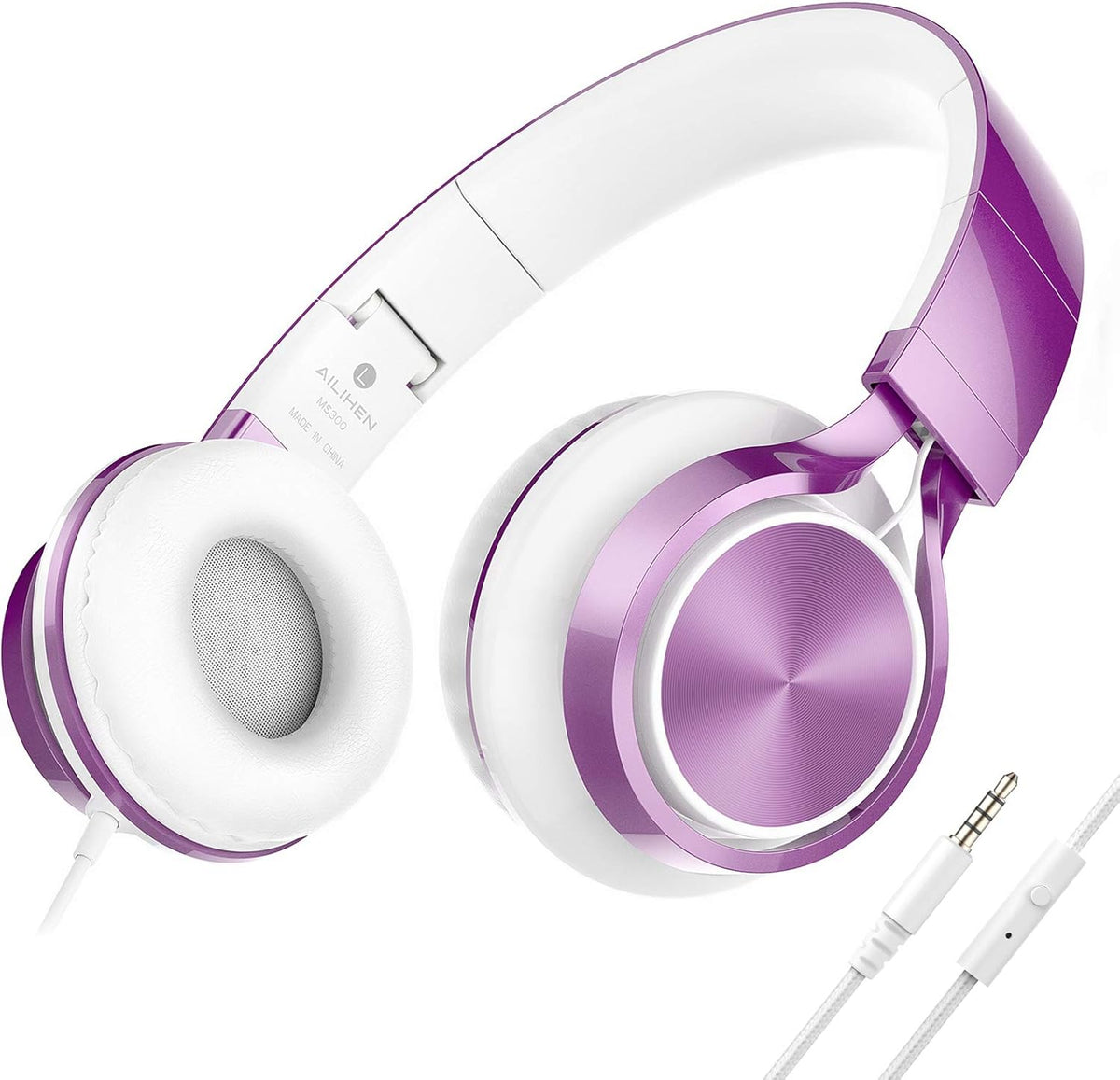 AILIHEN MS300 Purple Girl Headphones Wired with Microphone for Chromebook Laptop Computer, 3.5mm Foldable Lightweight on-Ear Headphones for School Teen Students