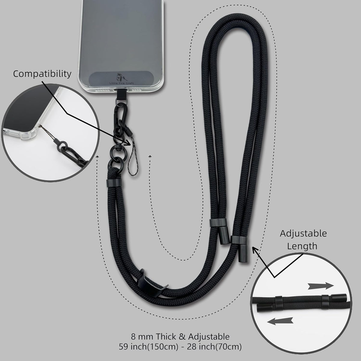 Adjustable Cell Phone Lanyard Crossbody Smartphone Strap Soft Rope Phone Lanyard for Around the Neck Holder (Black)