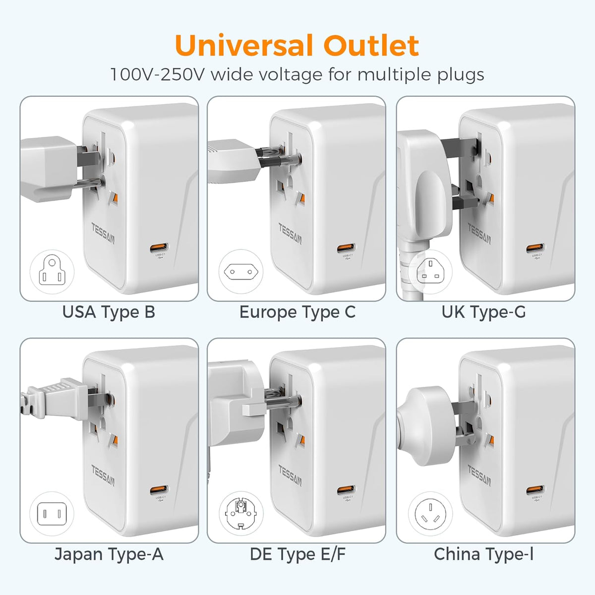 TESSAN Universal Travel Adapter, 45W International Plug Adaptor with 2 USB C 3 USB A Ports, Travel Worldwide Power Outlet for US to European EU UK AUS Ireland(Type C/G/A/I)