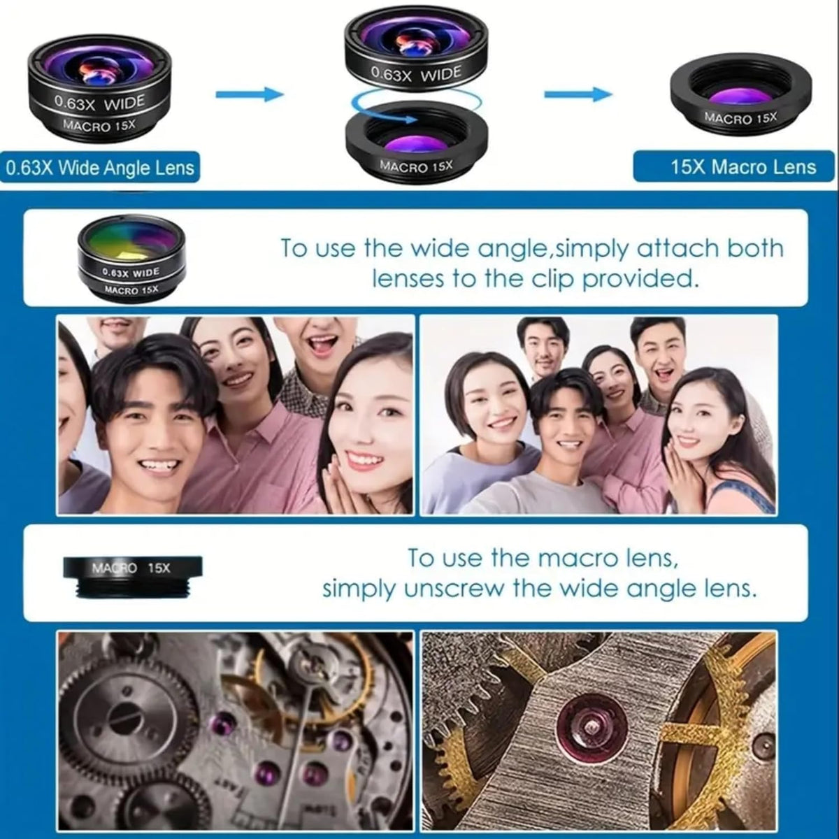 Universal 7-in-1 Mobile Phone Camera Lens Kit, Funny Cell Phone Lens for iPhone, for Samsung, for Android Smartphone, Universal Clip on Wide Angle+Macro+ Fish Eye Camera Lenses attachments Accessory